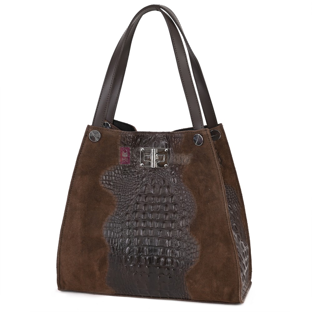 Голяма дамска чанта от естествена кожа и велур, в тъмнокафяв цвят. Код: EK62