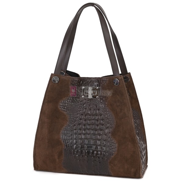 Голяма дамска чанта от естествена кожа и велур, в тъмнокафяв цвят. Код: EK62