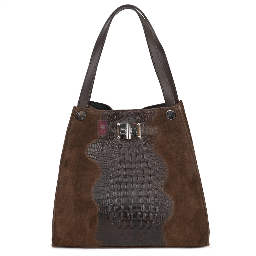 Голяма дамска чанта от естествена кожа и велур, в тъмнокафяв цвят. Код: EK62