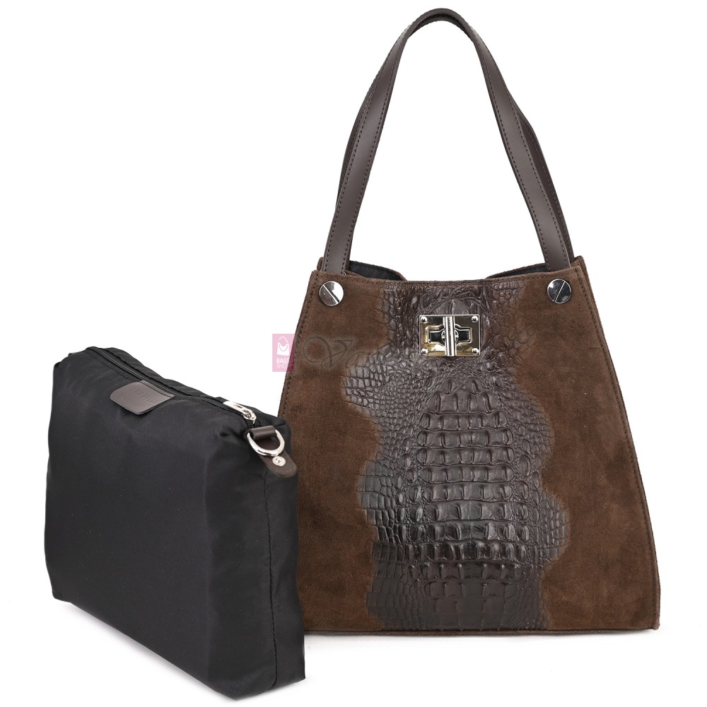 Голяма дамска чанта от естествена кожа и велур, в тъмнокафяв цвят. Код: EK62