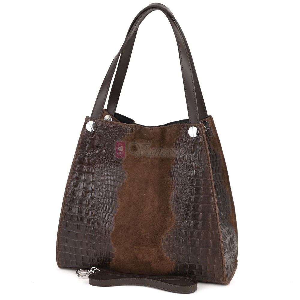 Голяма дамска чанта от естествена кожа и велур, в тъмнокафяв цвят. Код: EK62