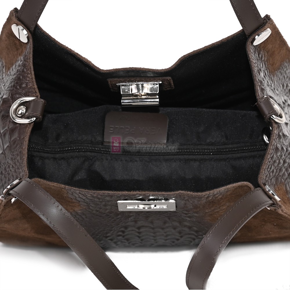 Голяма дамска чанта от естествена кожа и велур, в тъмнокафяв цвят. Код: EK62