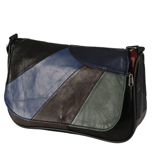 Дамска чанта от естествена кожа направена от парчета в тъмни шарени цветове. Код: P004