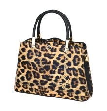 Дамска чанта от висококачествена еко кожа в черен цвят с леопардов принт Код: T05L
