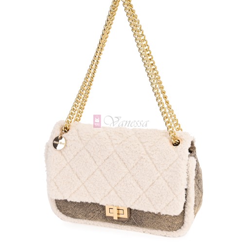  Дамска чанта от екологична кожа и текстил, в бежов цвят Код: 0222