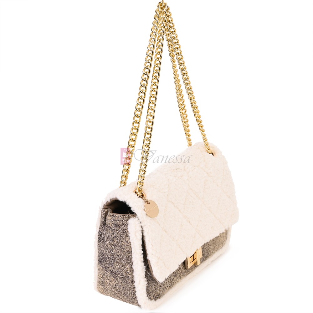  Дамска чанта от екологична кожа и текстил, в бежов цвят Код: 0222