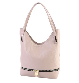 Дамска чанта от естествена кожа тип торба в цвят пудра. Код: EK05