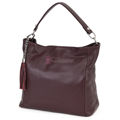 Голяма дамска чанта, от естествена кожа, в цвят бордо. Код: EK10