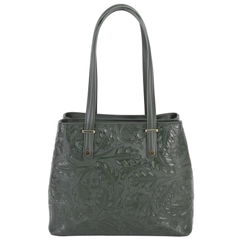 Голяма дамска чанта от естествена кожа в релефна зелен цвят. Код: EK61D