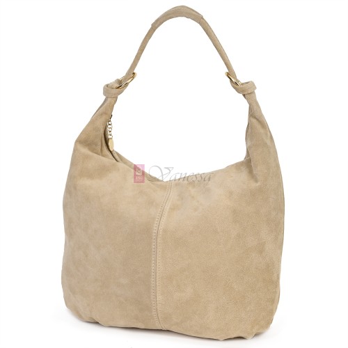 Голяма дамска чанта, от велурена естествена кожа, в бежов цвят. Код: EK119/63