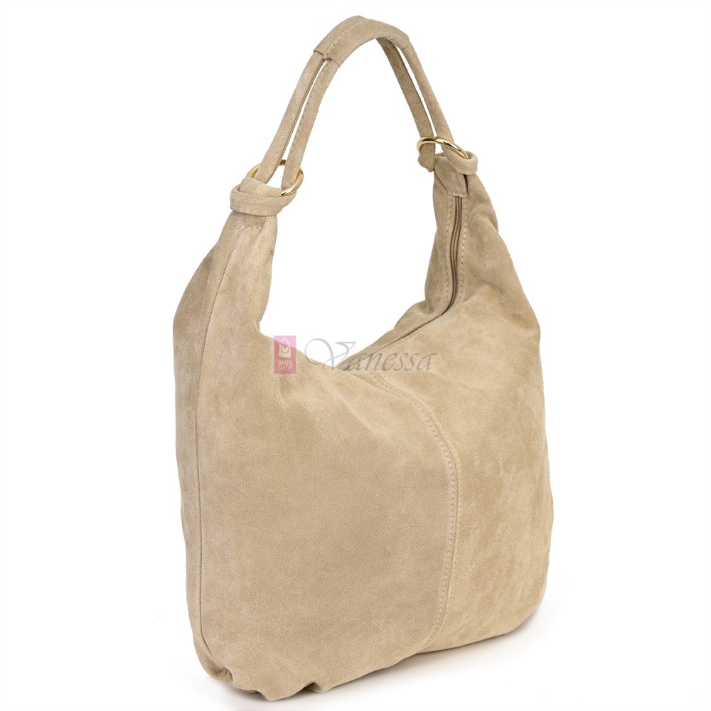 Голяма дамска чанта, от велурена естествена кожа, в бежов цвят. Код: EK119/63