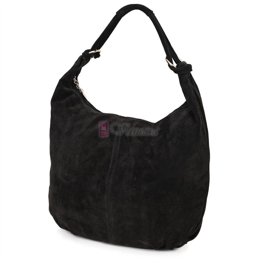 Голяма дамска чанта, от велурена естествена кожа, в черен цвят. Код: EK119/63