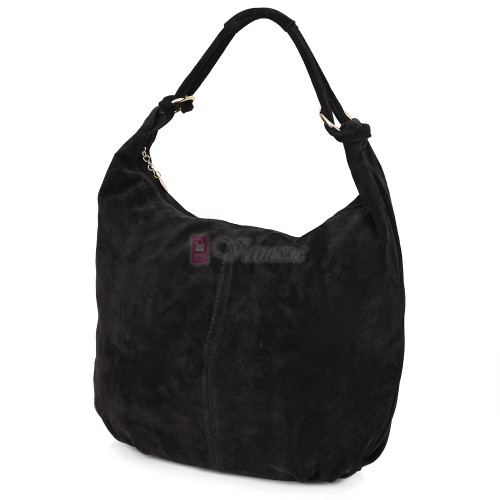 Голяма дамска чанта, от велурена естествена кожа, в черен цвят. Код: EK119/63