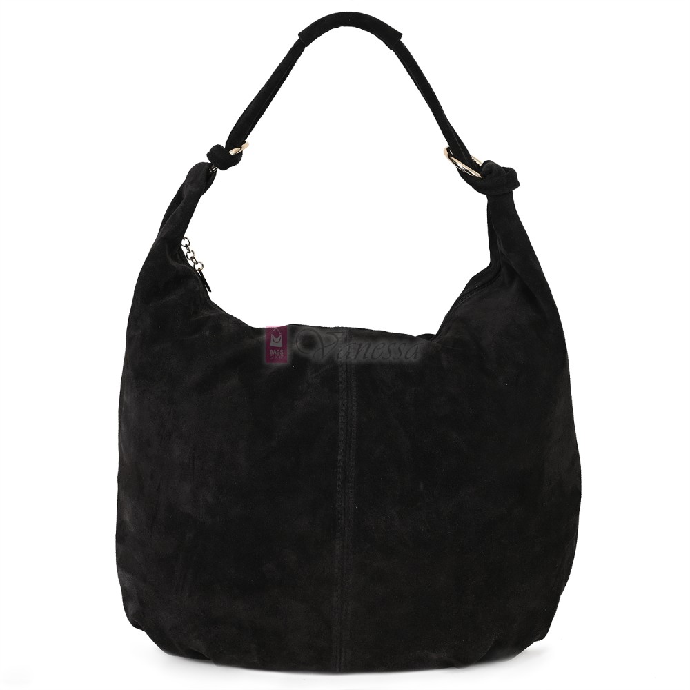 Голяма дамска чанта, от велурена естествена кожа, в черен цвят. Код: EK119/63