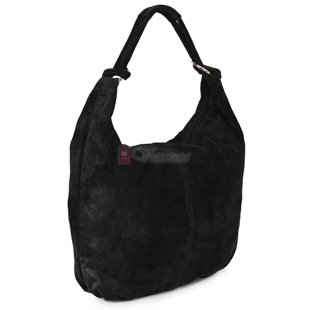 Голяма дамска чанта, от велурена естествена кожа, в черен цвят. Код: EK119/63