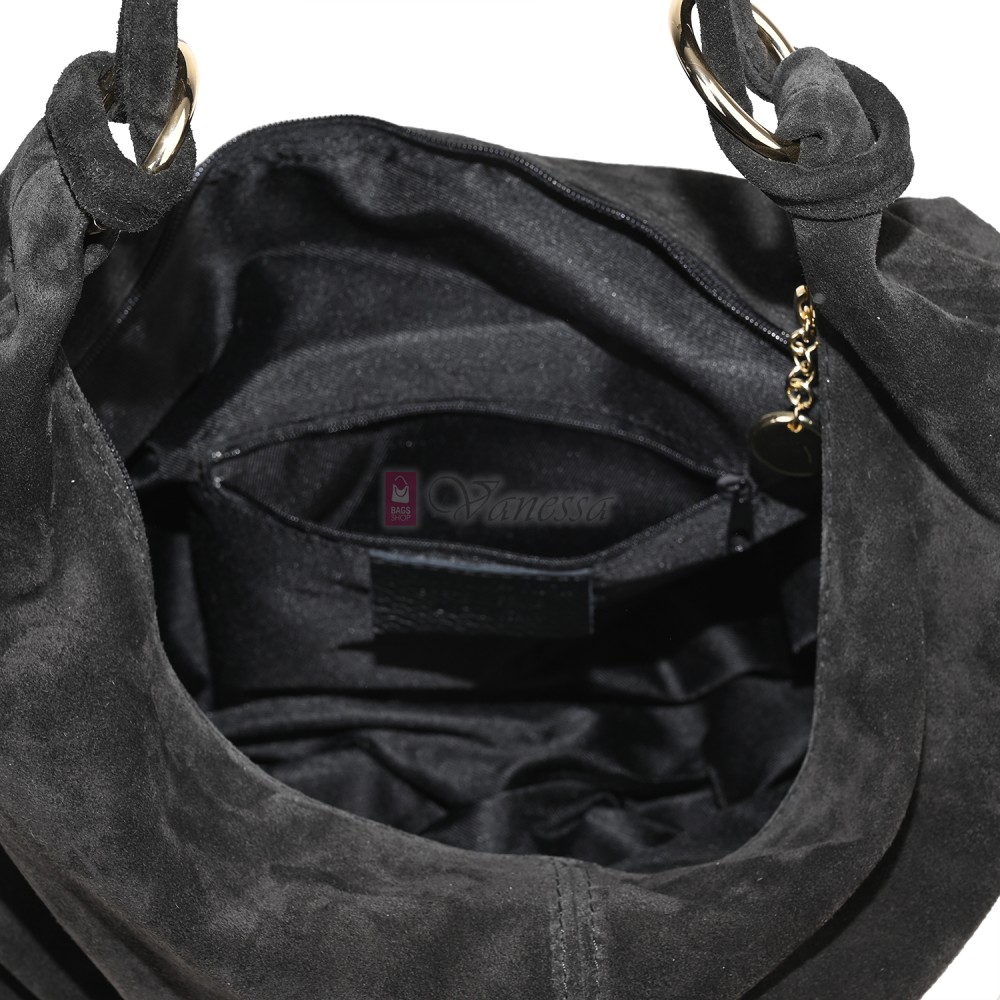 Голяма дамска чанта, от велурена естествена кожа, в черен цвят. Код: EK119/63