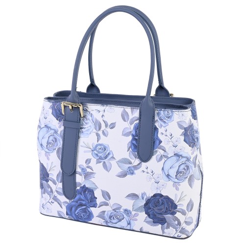 Дамска чанта от естествена кожа в бял цвят със сини дръжки Код: EK636