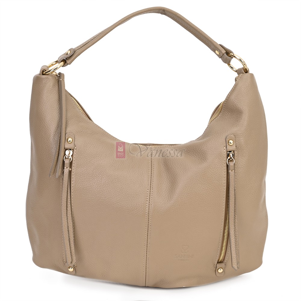 Голяма дамска чанта, от естествена кожа, в бежов цвят. Код: EK66