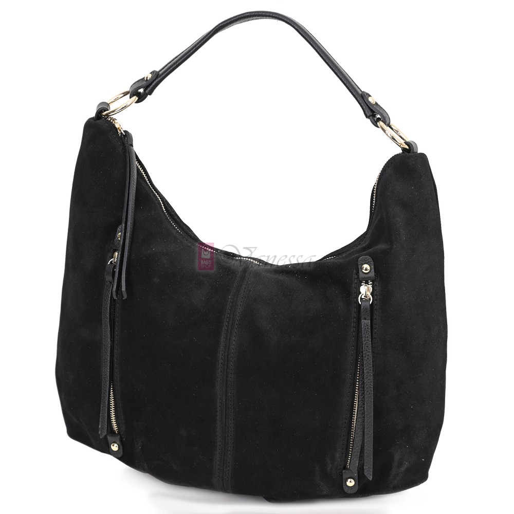 Голяма дамска чанта, от велурена естествена кожа, в черен цвят. Код: EK66