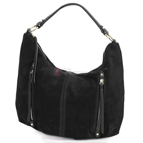 Голяма дамска чанта, от велурена естествена кожа, в черен цвят. Код: EK66