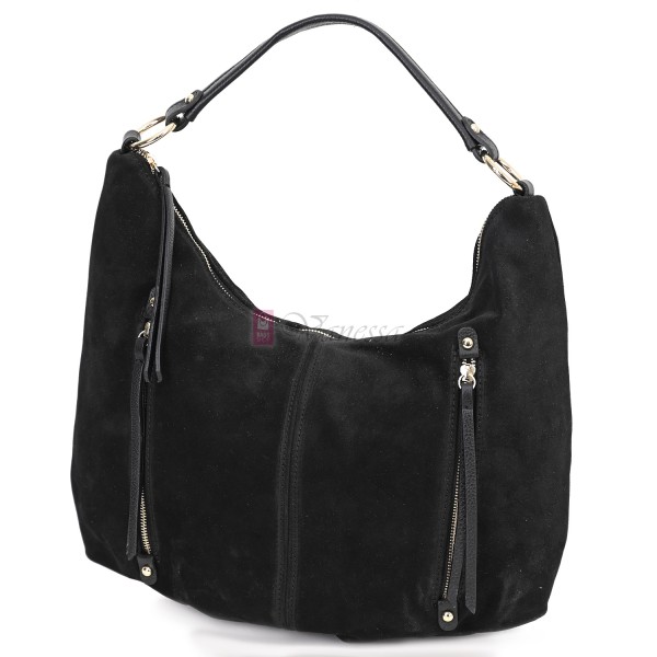 Голяма дамска чанта, от велурена естествена кожа, в черен цвят. Код: EK66