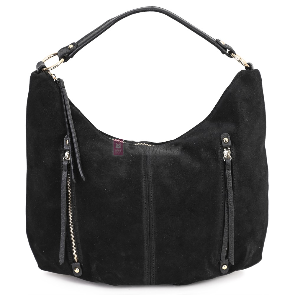 Голяма дамска чанта, от велурена естествена кожа, в черен цвят. Код: EK66