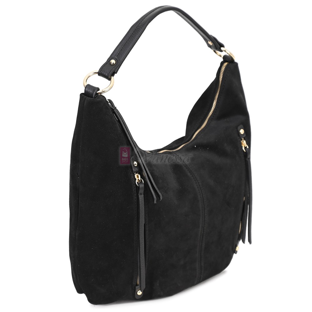 Голяма дамска чанта, от велурена естествена кожа, в черен цвят. Код: EK66