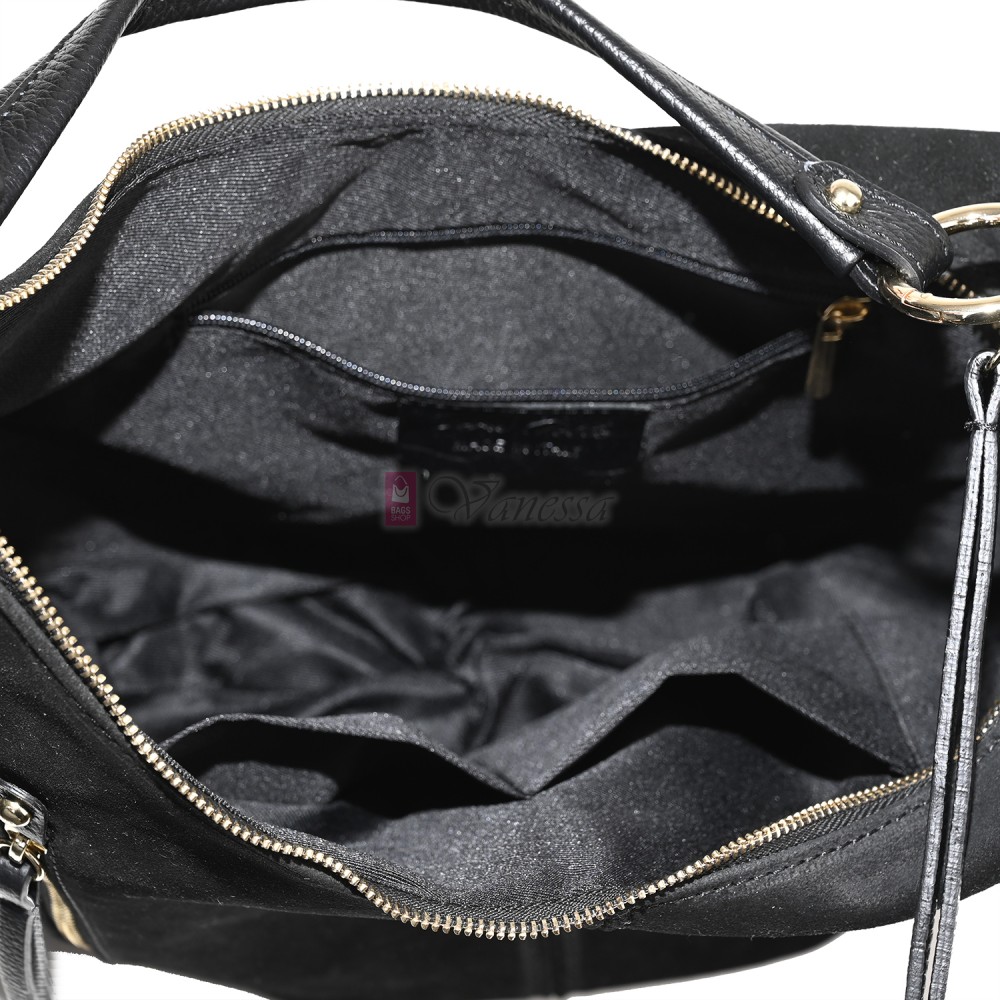 Голяма дамска чанта, от велурена естествена кожа, в черен цвят. Код: EK66