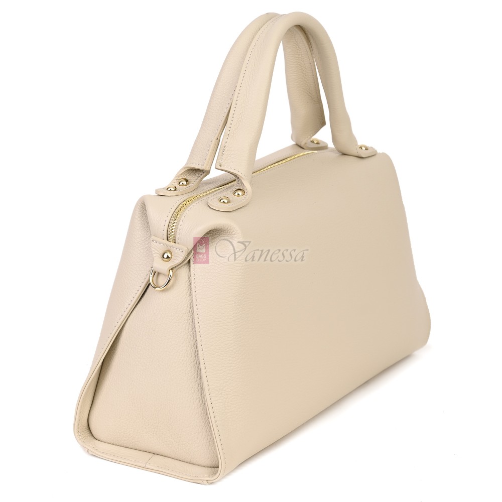 Голяма дамска чанта от естествена кожа, в светлобежов цвят Код: EKG75