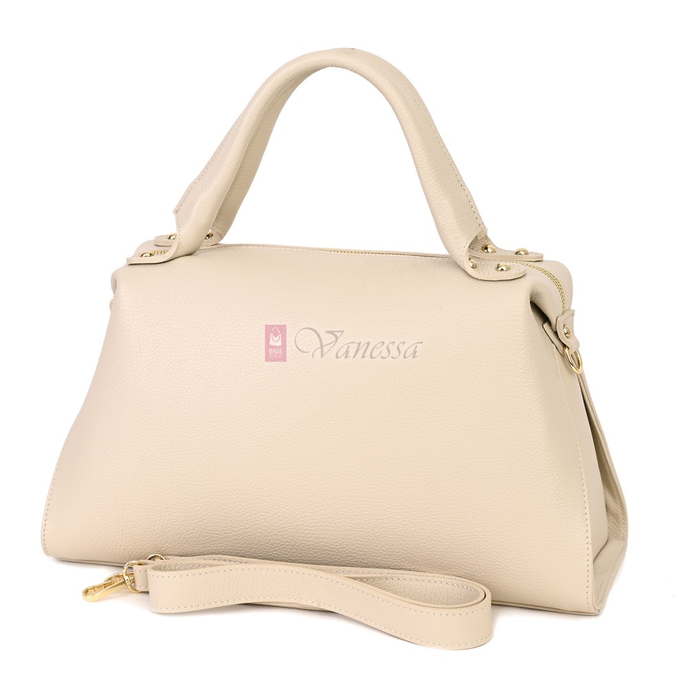 Голяма дамска чанта от естествена кожа, в светлобежов цвят Код: EKG75