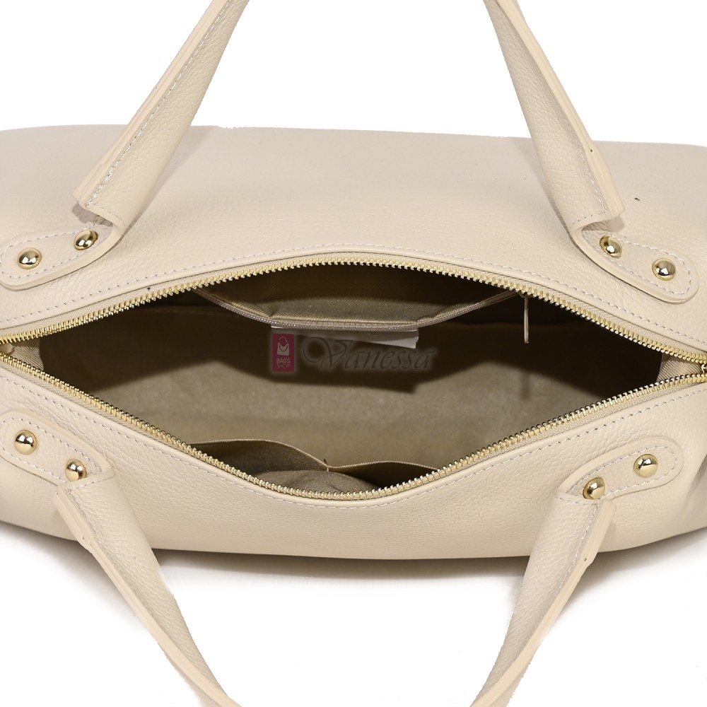 Голяма дамска чанта от естествена кожа, в светлобежов цвят Код: EKG75