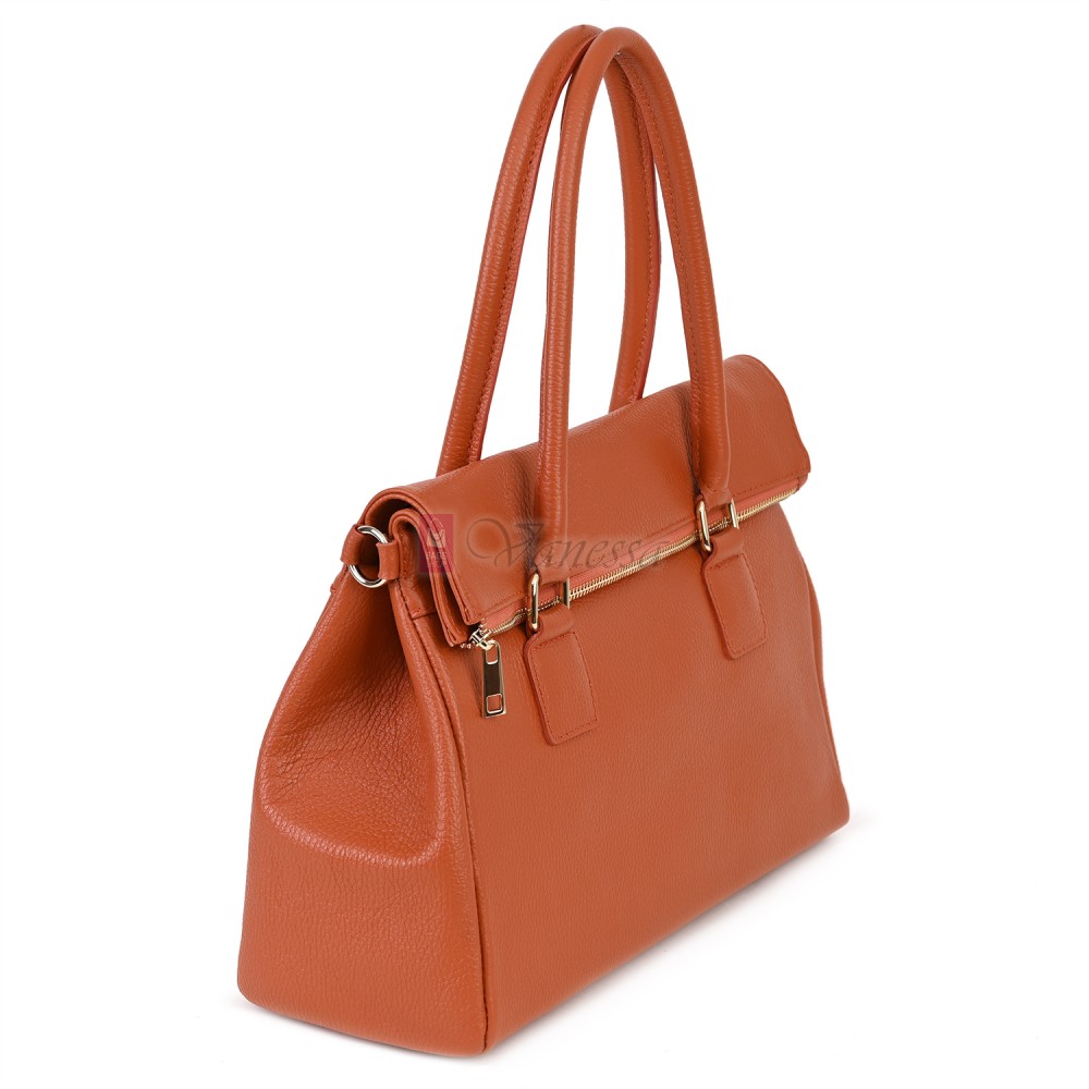 Елегантна дамска чанта, от естествена кожа, в оранжев цвят. Код: EKK64