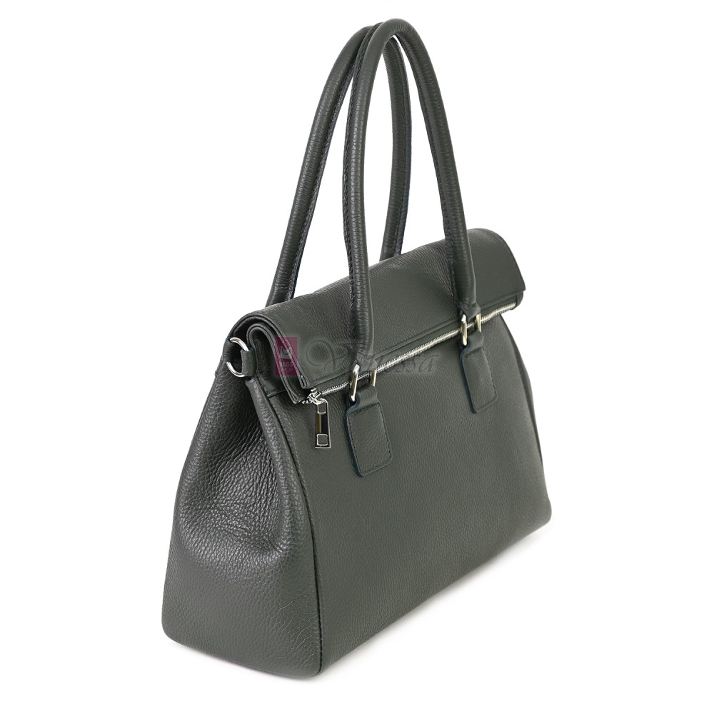 Елегантна дамска чанта, от естествена кожа, в тъмнозелен цвят. Код: EKK64