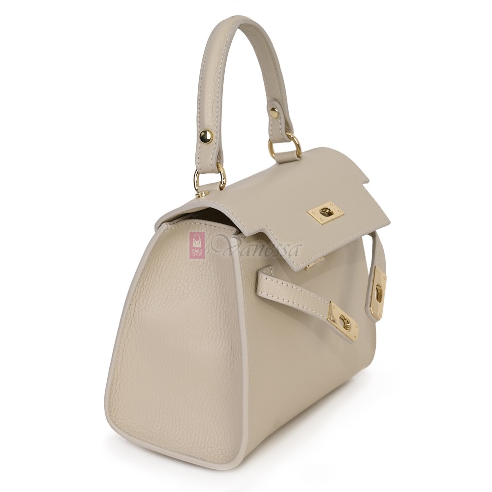 Елегантна, малка дамска чанта от естествена кожа, в светлобежов цвят. Код: EKM59