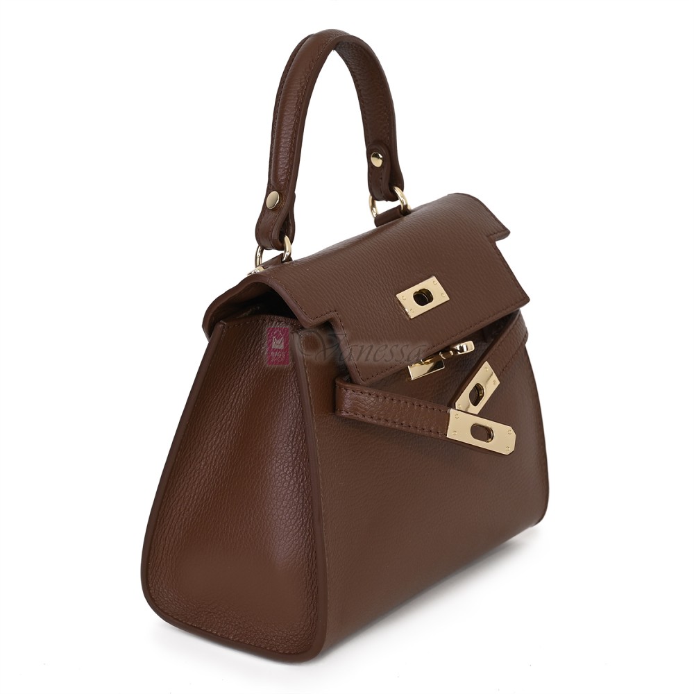 Елегантна, малка дамска чанта от естествена кожа, в тъмнокафяв цвят. Код: EKM59