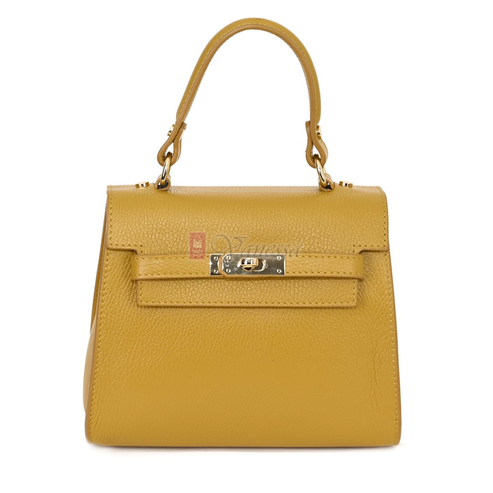 Елегантна, малка дамска чанта от естествена кожа, в жълт цвят. Код: EKM59
