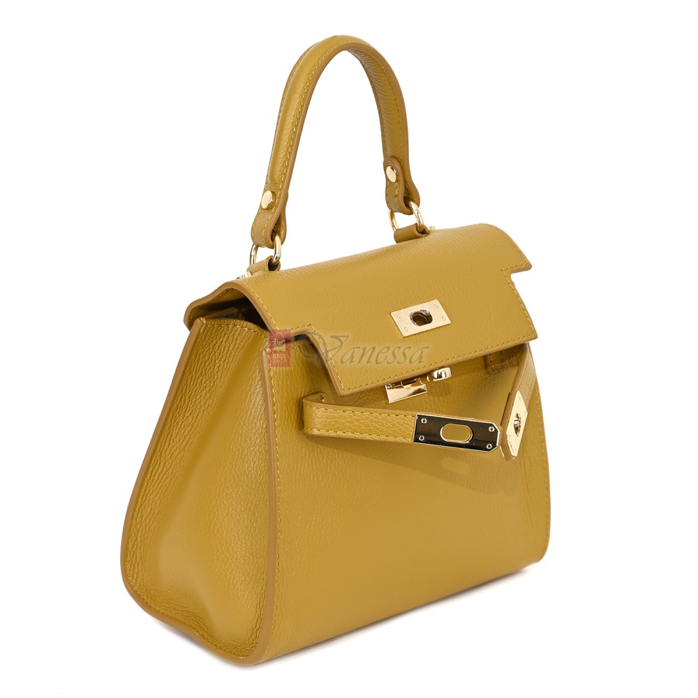Елегантна, малка дамска чанта от естествена кожа, в жълт цвят. Код: EKM59