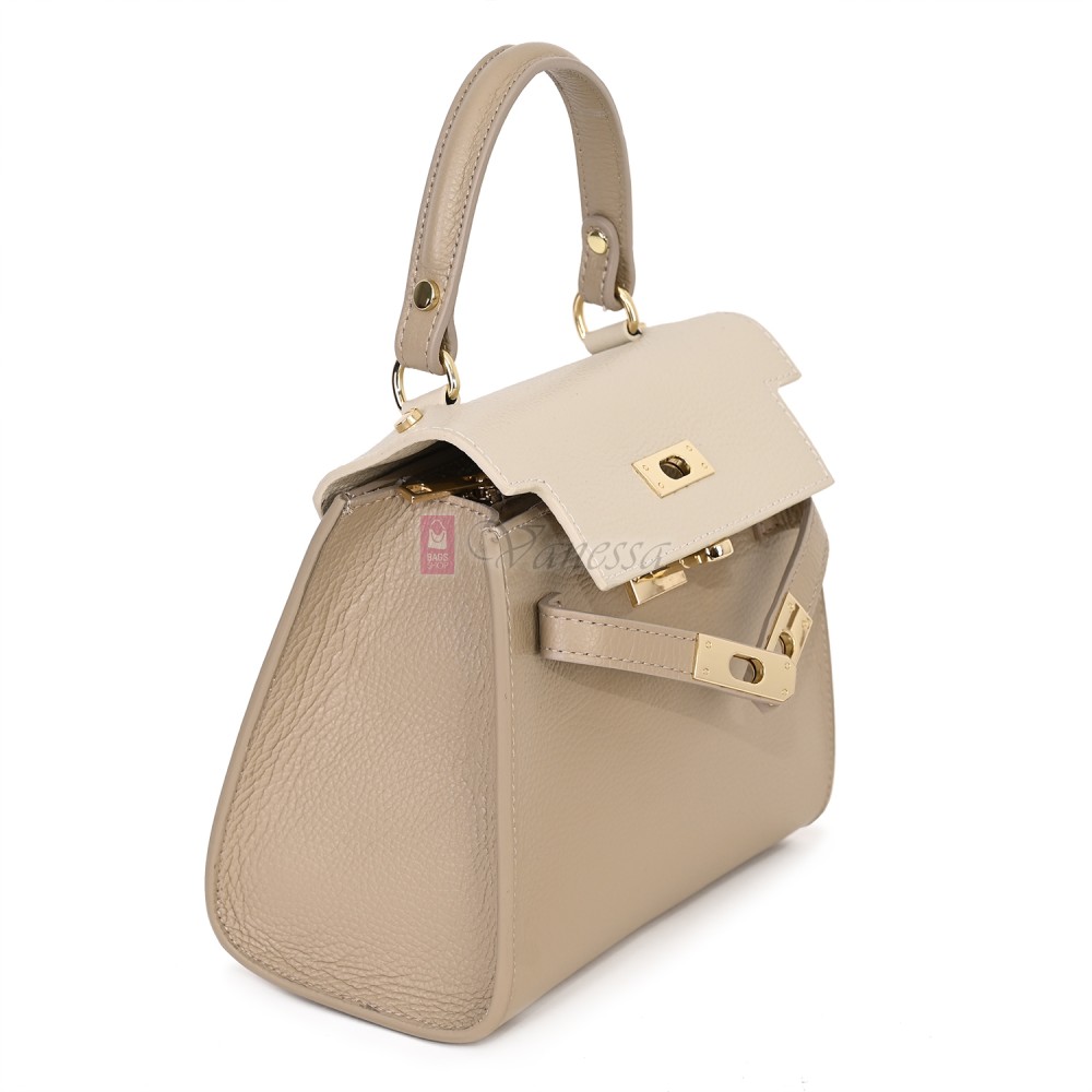 Елегантна, малка дамска чанта от естествена кожа, в бежов цвят. Код: EKM59-1