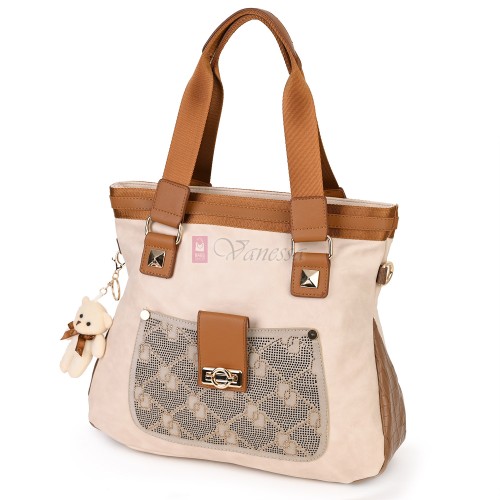 Голяма дамска чанта от висококачествена еко кожа, в бежов цвят. Код: K003