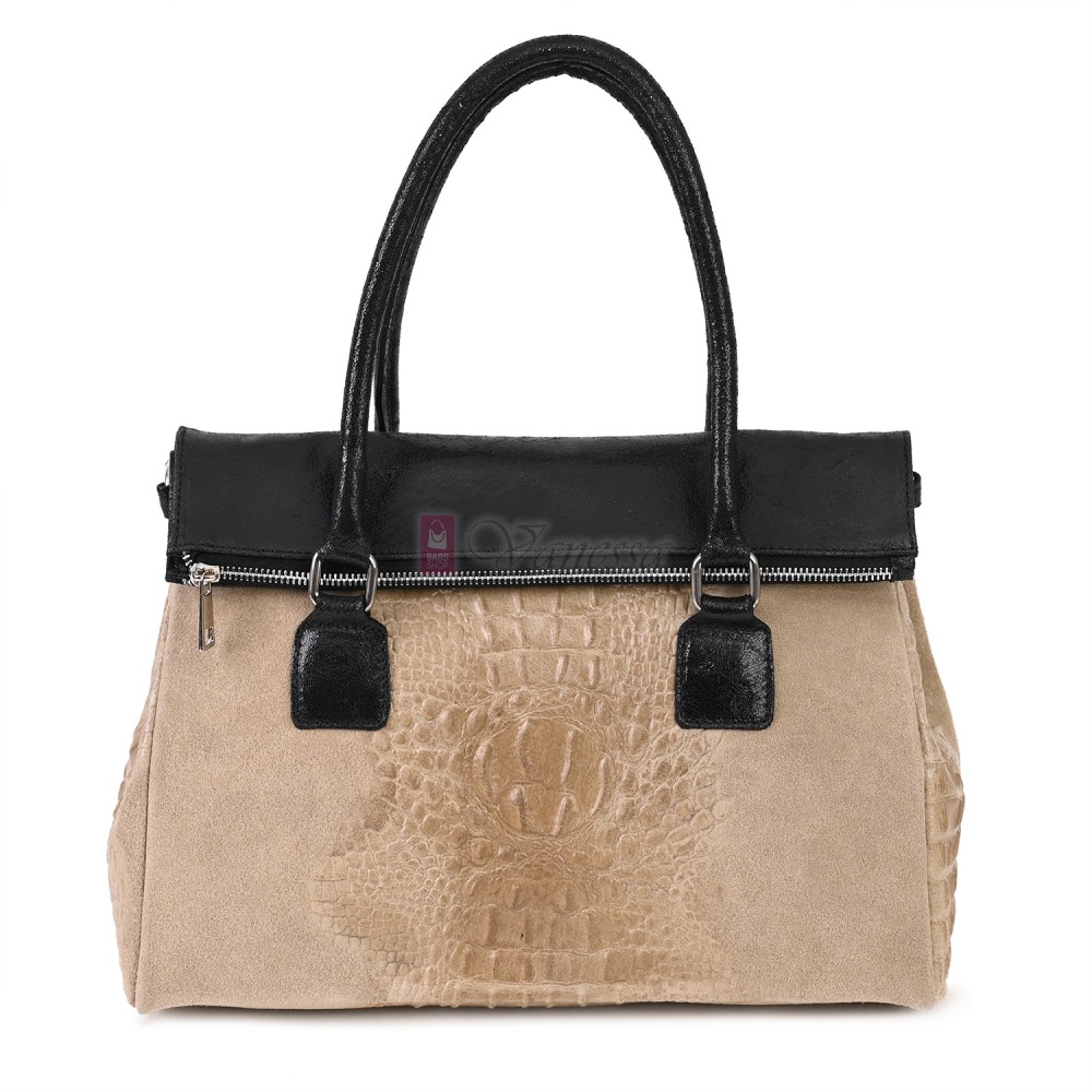 Елегантна дамска чанта, от естествена кожа, в бежов цвят. Код: KEK64