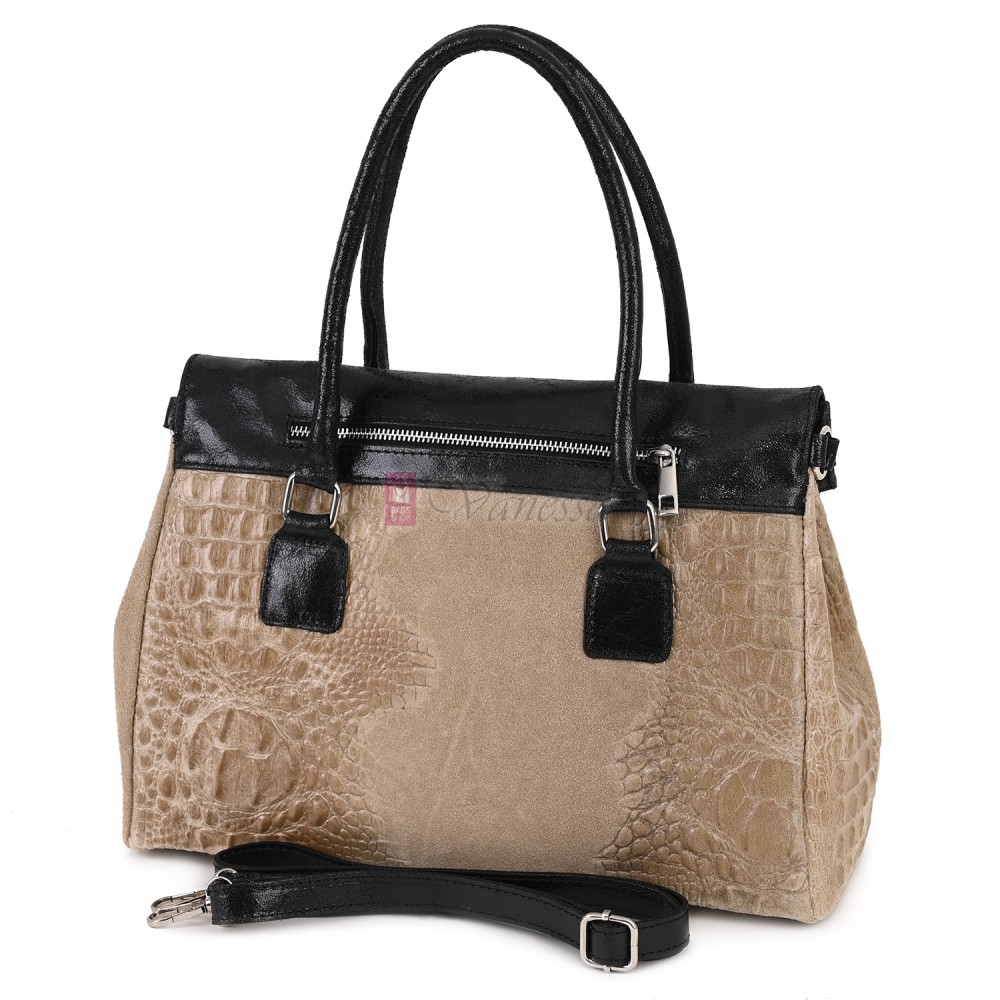 Елегантна дамска чанта, от естествена кожа, в бежов цвят. Код: KEK64