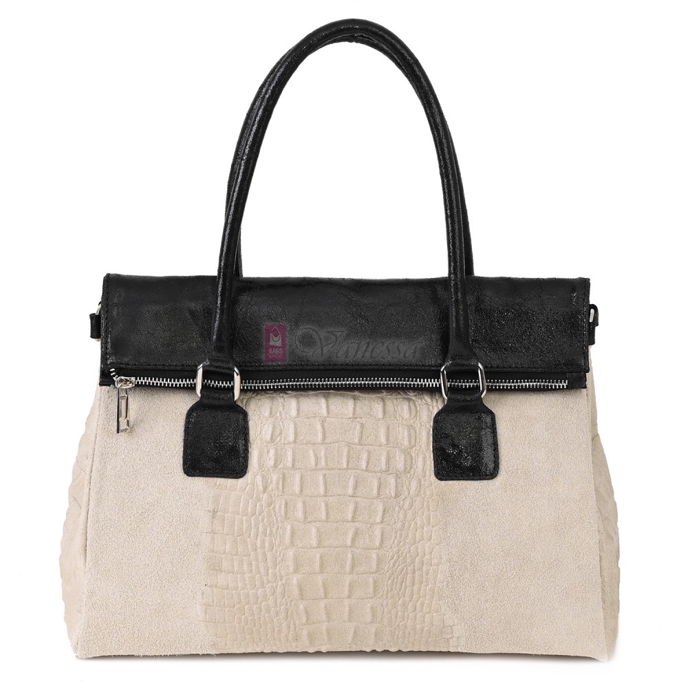 Елегантна дамска чанта, от естествена кожа, в светлобежов цвят. Код: KEK64