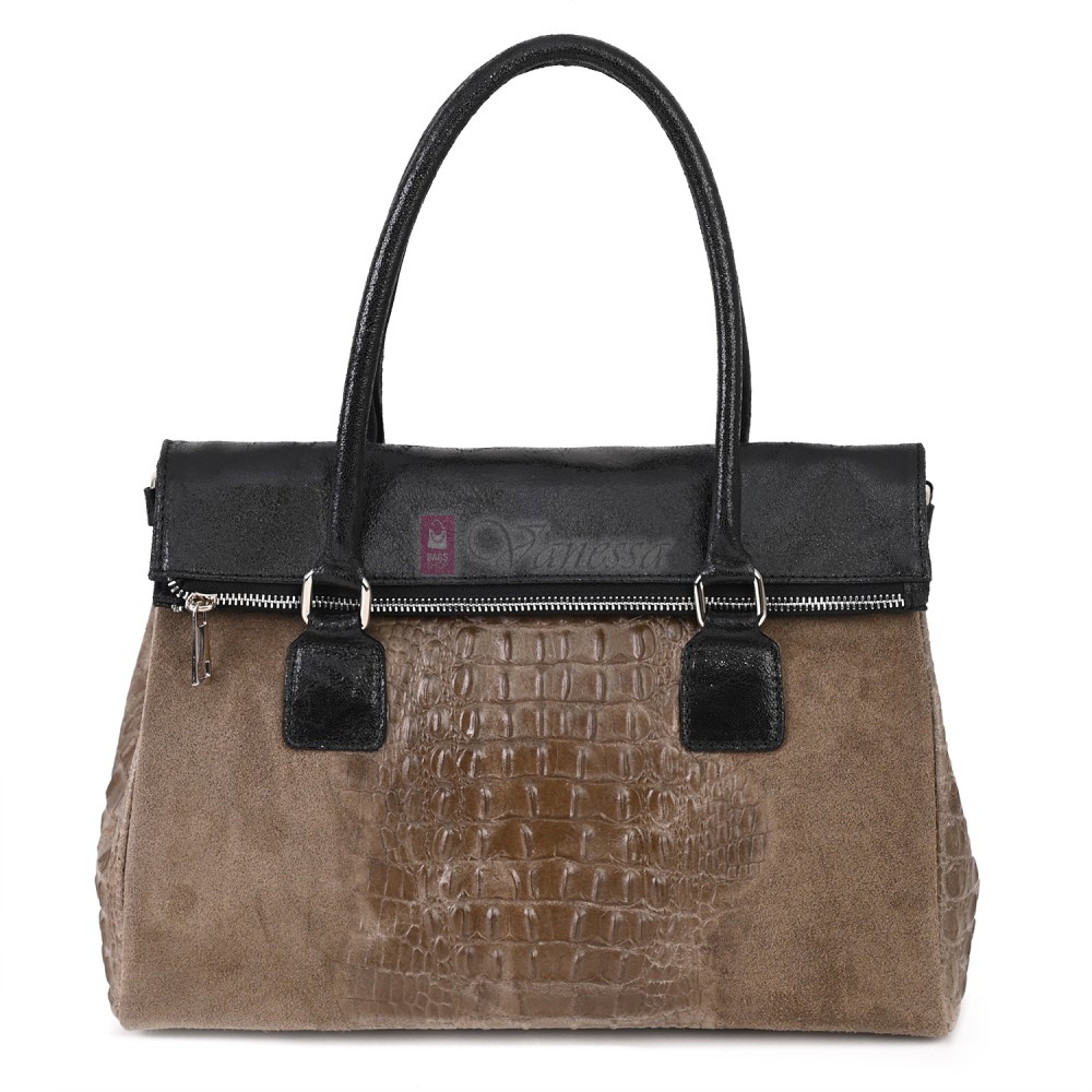 Елегантна дамска чанта, от естествена кожа, в тъмнобежов цвят. Код: KEK64