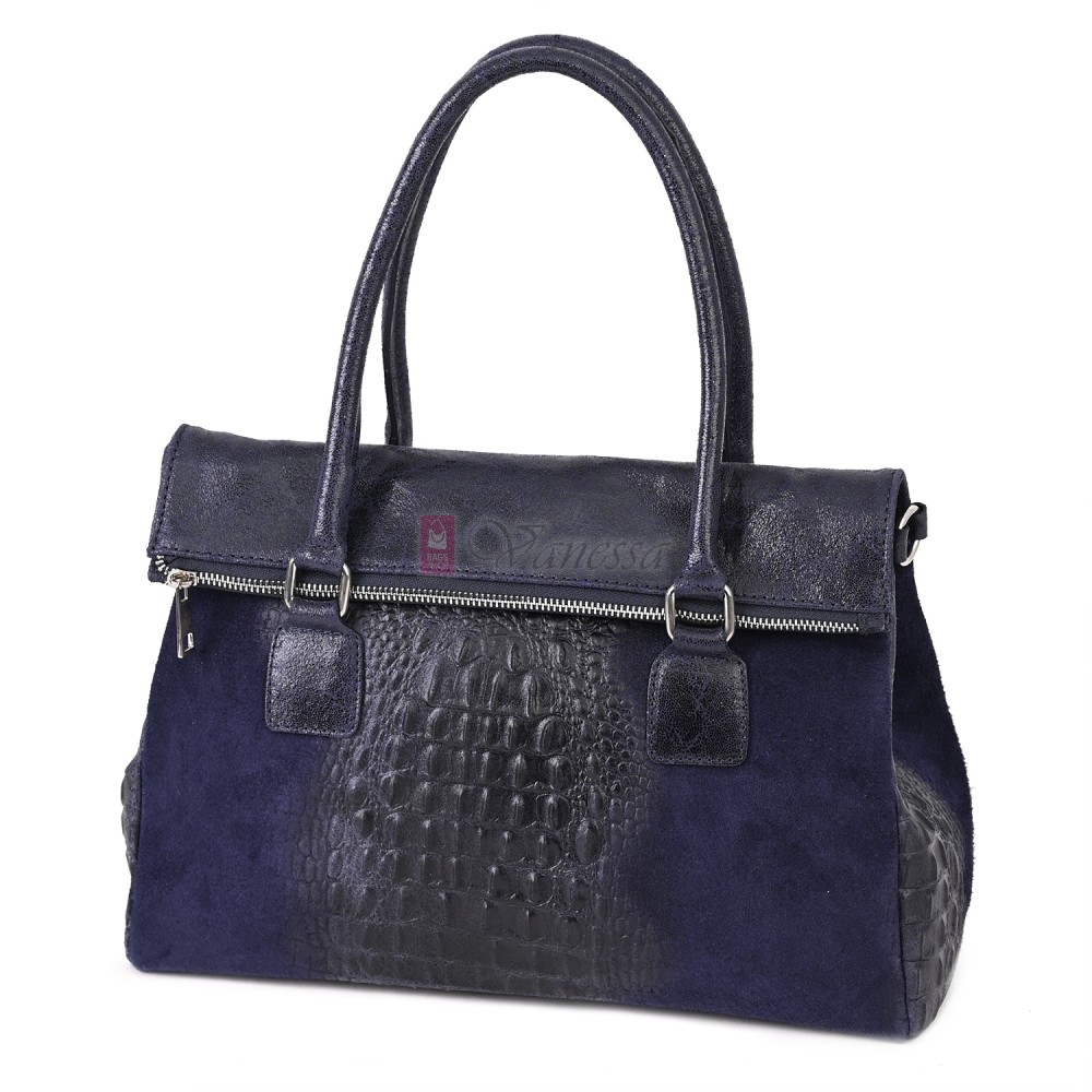 Елегантна дамска чанта, от естествена кожа, в тъмносин цвят. Код: KEK64