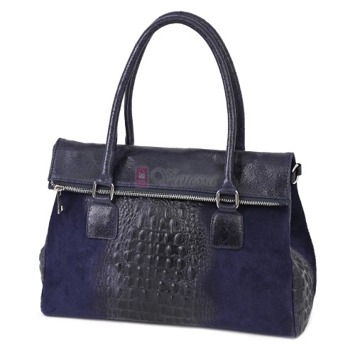 Елегантна дамска чанта, от естествена кожа, в тъмносин цвят. Код: KEK64