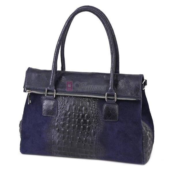 Елегантна дамска чанта, от естествена кожа, в тъмносин цвят. Код: KEK64