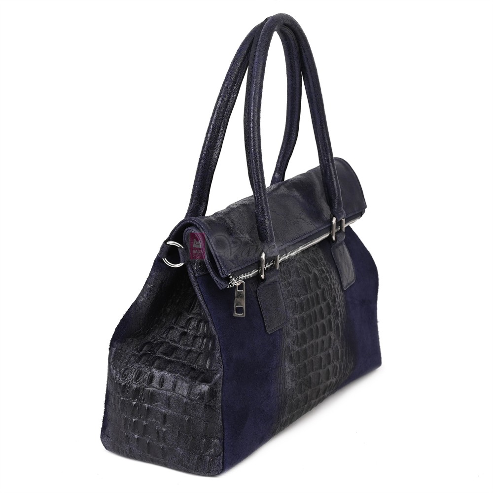 Елегантна дамска чанта, от естествена кожа, в тъмносин цвят. Код: KEK64