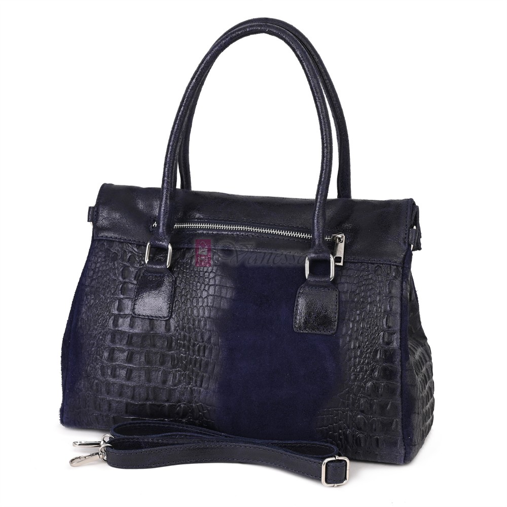 Елегантна дамска чанта, от естествена кожа, в тъмносин цвят. Код: KEK64