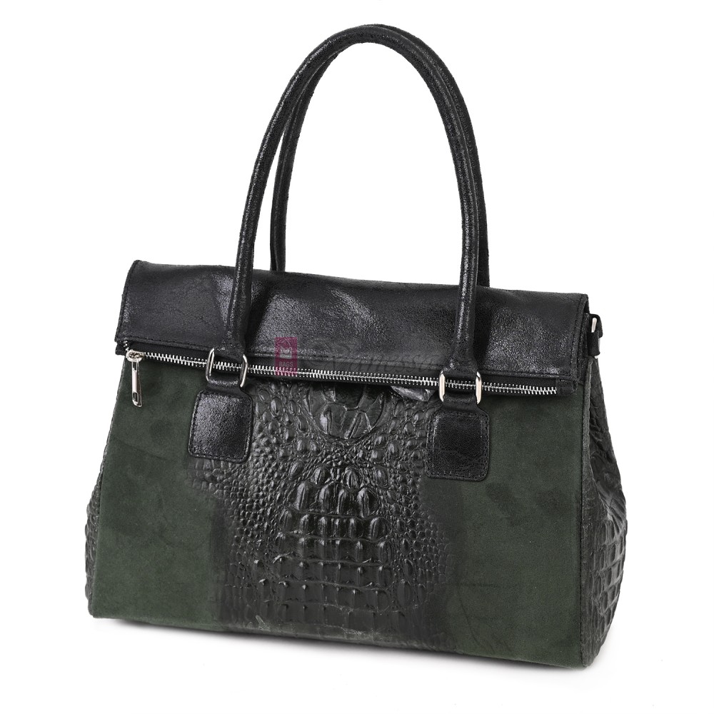 Елегантна дамска чанта, от естествена кожа, в тъмнозелен цвят. Код: KEK64