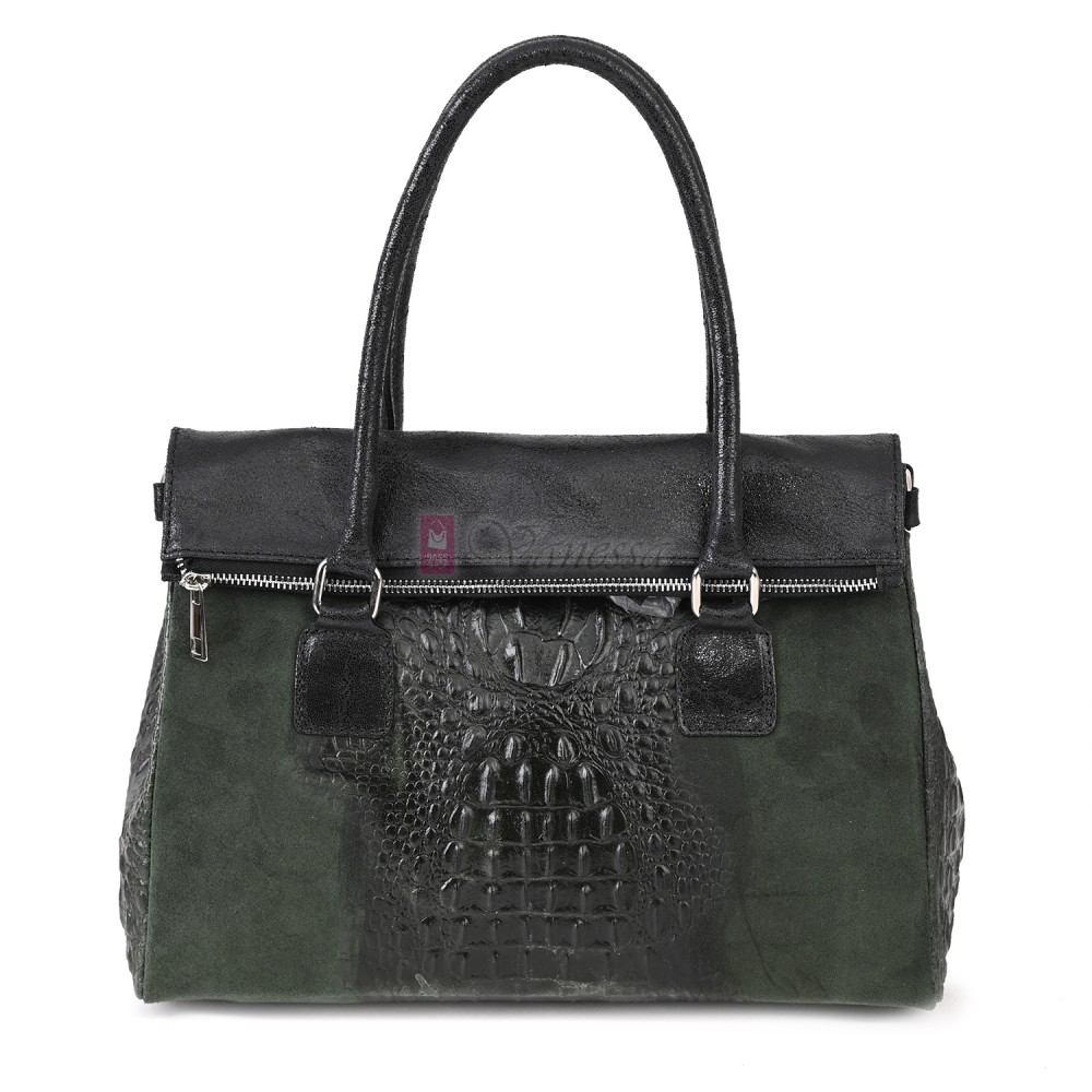 Елегантна дамска чанта, от естествена кожа, в тъмнозелен цвят. Код: KEK64